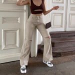 Casual Wide-leg Pants Ripped High-waist