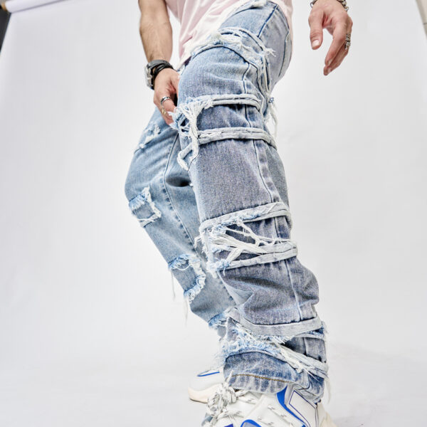Man's Pants Full Length Patched Straight Fit Men's Hip Hop Jeans