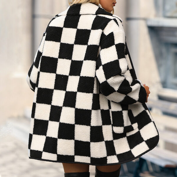 Mid-length Plush Hooded Chessboard Plaid Coat - Image 2