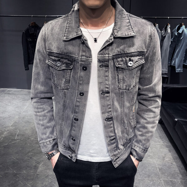Denim Jacket Men Hole Retro Motorcyle Basic Coat - Image 2
