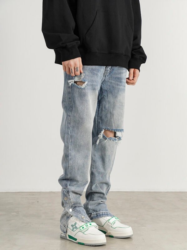 One-knee Hole-breasted Split Straight-leg Jeans - Image 5