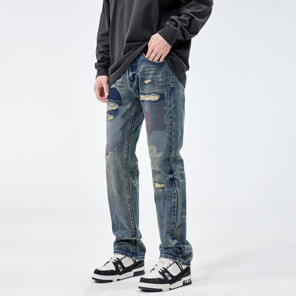 American Style Loose Broken Patch Straight Retro Denim Trousers Men - Image 2