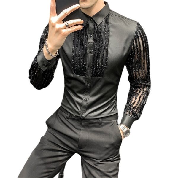 Hollow Lace Stitching Korean Style Slim Shirt - Image 2