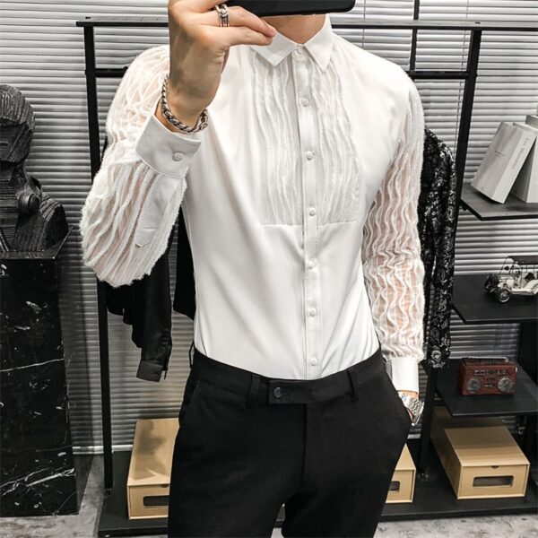 Hollow Lace Stitching Korean Style Slim Shirt - Image 4
