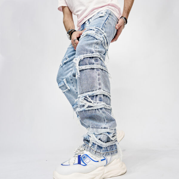 Man's Pants Full Length Patched Straight Fit Men's Hip Hop Jeans - Image 4