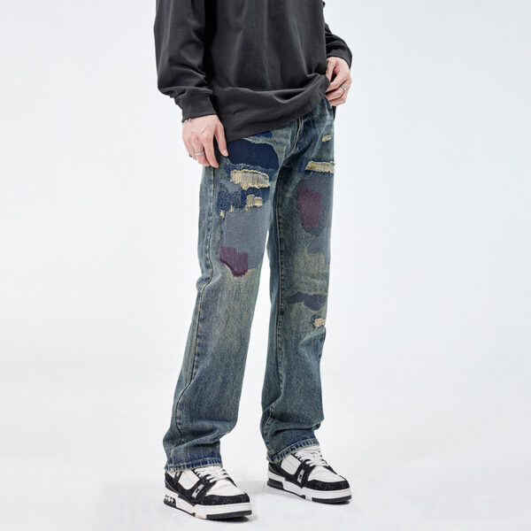 American Style Loose Broken Patch Straight Retro Denim Trousers Men - Image 5