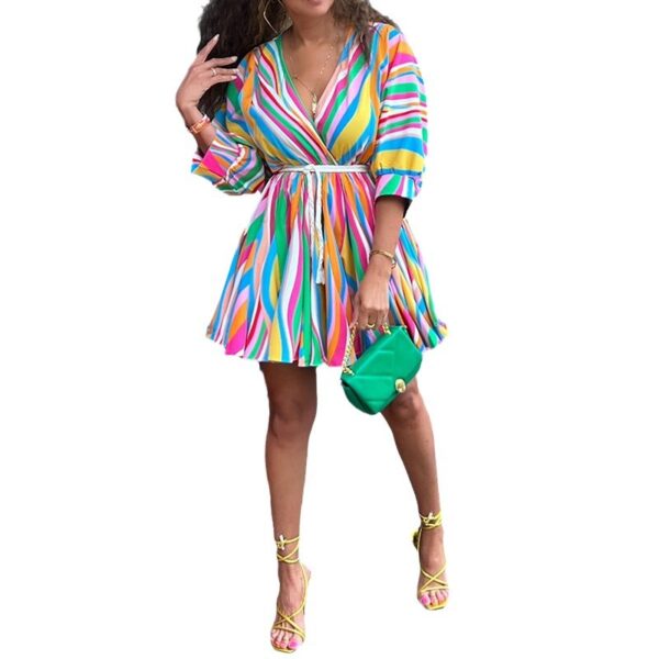 Women's Striped V-neck Woven Swing With Belt Dress - Image 5