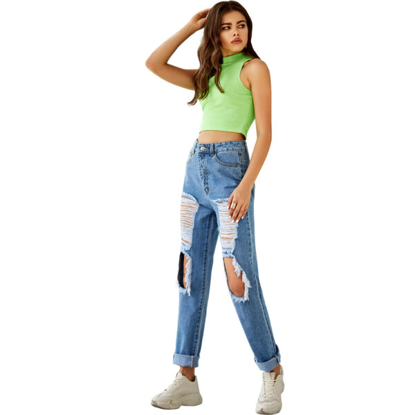 Women's Fashion High Waist Ripped Straight Denim - Image 3