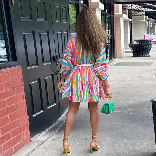 Women's Striped V-neck Woven Swing With Belt Dress - Image 2