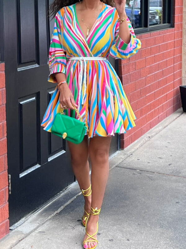 Women's Striped V-neck Woven Swing With Belt Dress - Image 6