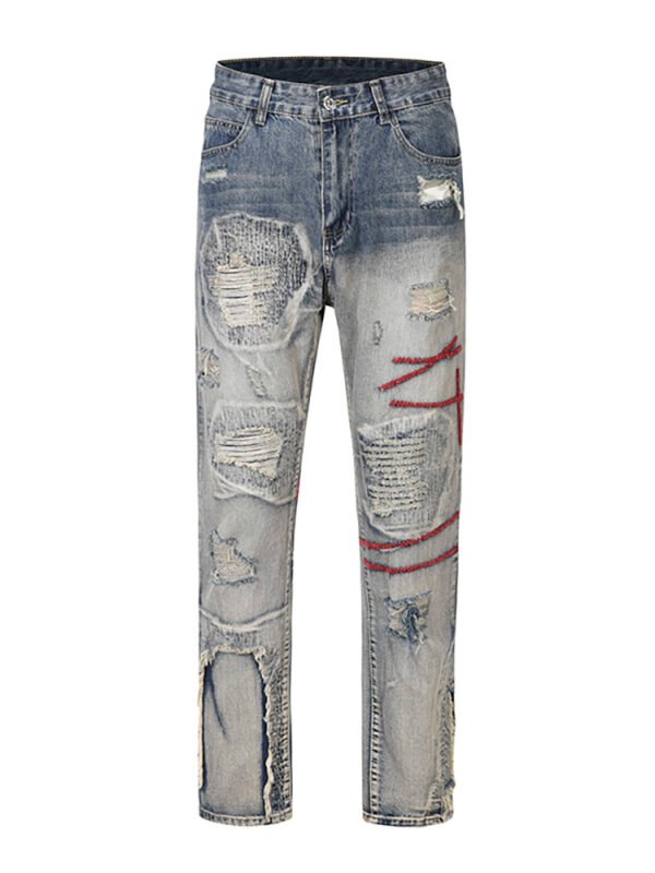 Patched Red Line Straight-leg Jeans - Image 5