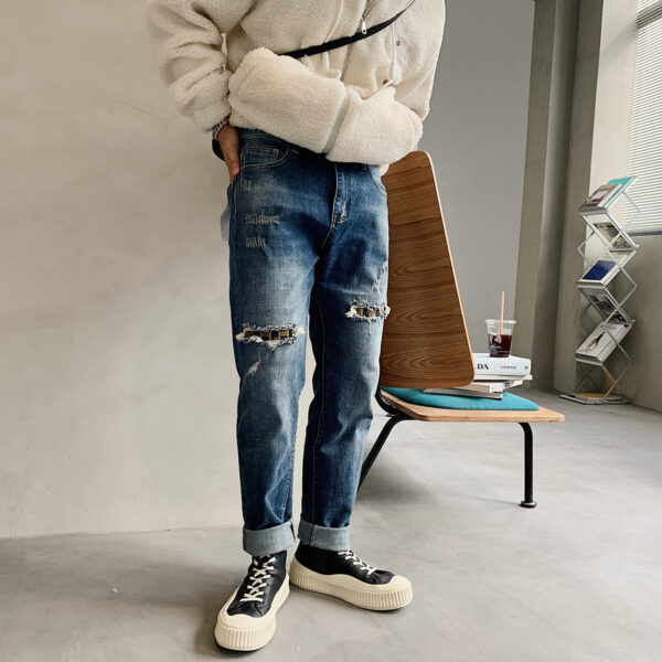 New Jeans Men's Slim Fit Old Retro Patch Trend Youth Straight Trousers - Image 5