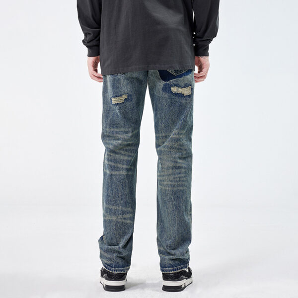 American Style Loose Broken Patch Straight Retro Denim Trousers Men - Image 4