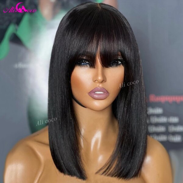 180 Natural Color Glueless Brazilian Human Hair Wig with Bangs Full Machine Made Remy Short Straight Bob Fringe Wigs for Women - Image 4