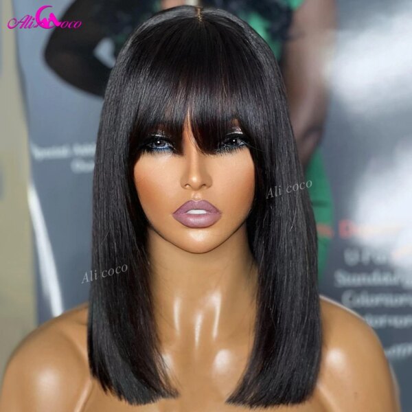 180 Natural Color Glueless Brazilian Human Hair Wig with Bangs Full Machine Made Remy Short Straight Bob Fringe Wigs for Women