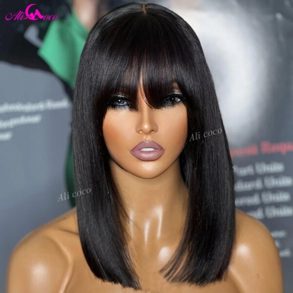 180 Natural Color Glueless Brazilian Human Hair Wig with Bangs Full Machine Made Remy Short Straight Bob Fringe Wigs for Women - Image 2