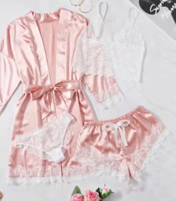 Lingerie Satin Pink Striped Coat Lace Bra Underwear Four-piece Set - Image 6