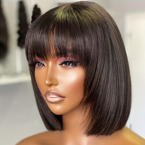 180% Density Premium Human Hair Short Bob Wig - Seamless Glueless Machine Made with Bangs - Natural Straight Style for Women - Image 2
