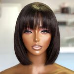 180% Density Premium Human Hair Short Bob Wig - Seamless Glueless Machine Made with Bangs - Natural Straight Style for Women