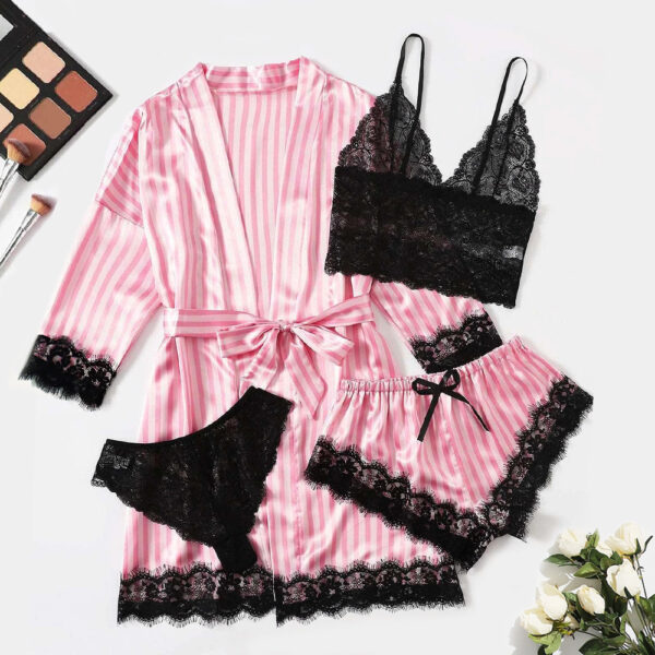 Lingerie Satin Pink Striped Coat Lace Bra Underwear Four-piece Set - Image 5
