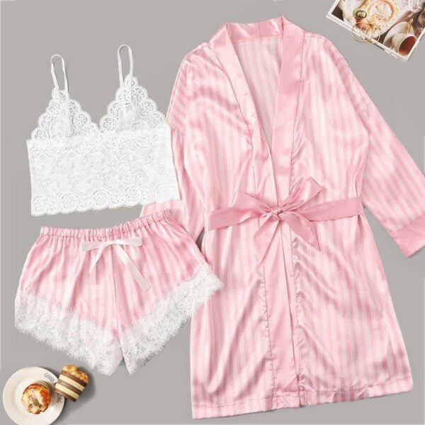 Lingerie Satin Pink Striped Coat Lace Bra Underwear Four-piece Set - Image 8