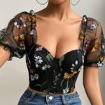 Net Yarn Flowers Embroidered Breasted Puff Sleeve Fishbone Short INS Top