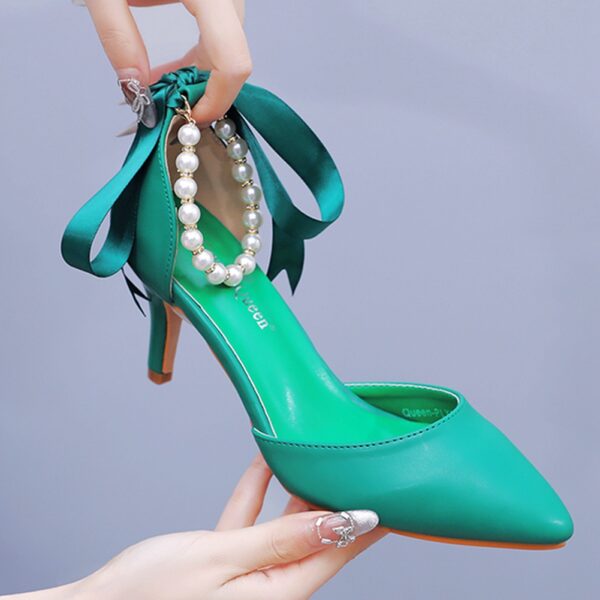 7cm Mid Heel Rhinestone Beaded Ribbon Sandals Matte Soft PU Leather Dress Shoes For Women - Image 7