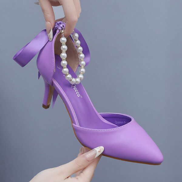 7cm Mid Heel Rhinestone Beaded Ribbon Sandals Matte Soft PU Leather Dress Shoes For Women - Image 5