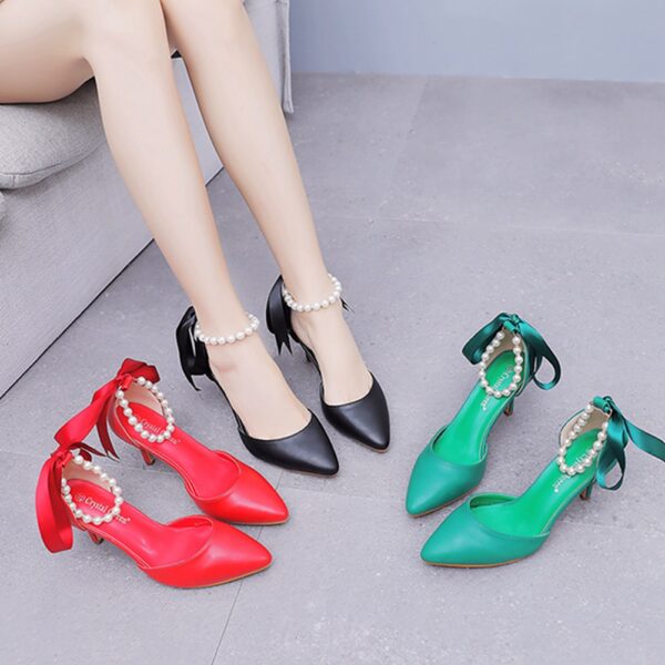 7cm Mid Heel Rhinestone Beaded Ribbon Sandals Matte Soft PU Leather Dress Shoes For Women - Image 2