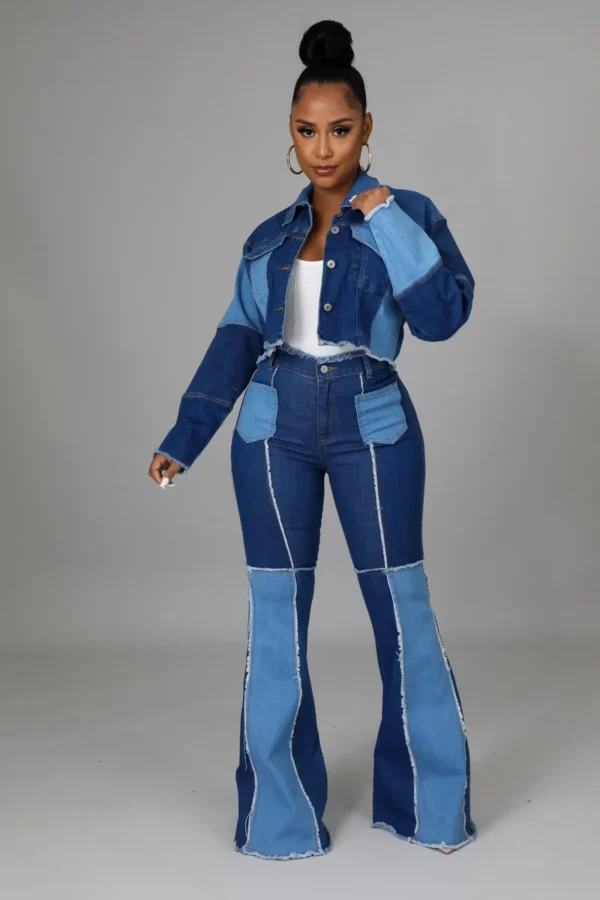 Women's Matching Set Denim Patchwork Vintage Short Jacket and Flare Pant Two Piece Set Outfit Autumn Casual Y2K Fashion Sets - Image 4