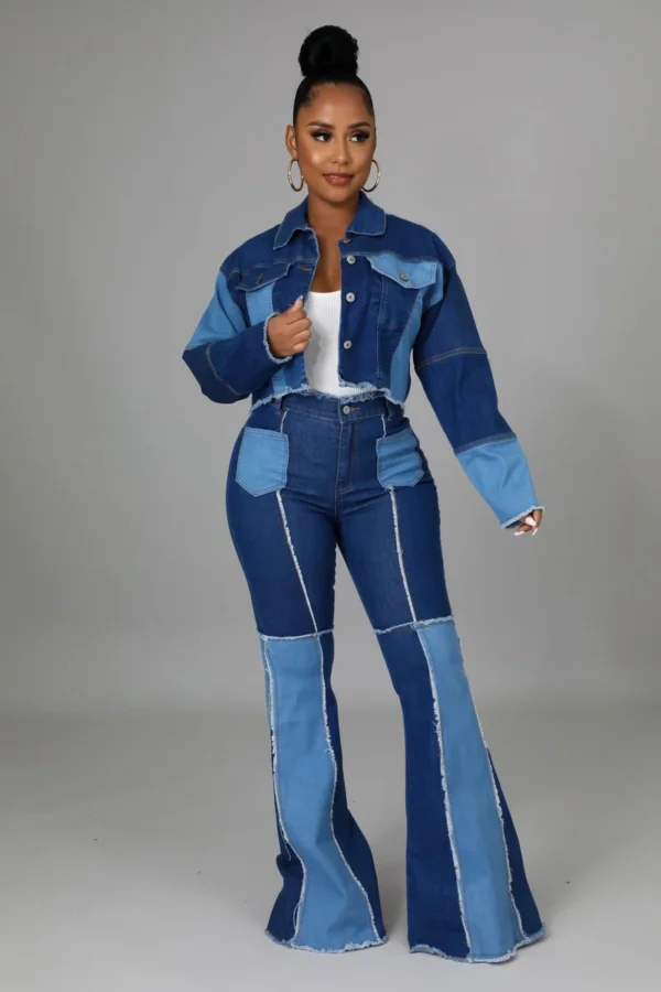 Women's Matching Set Denim Patchwork Vintage Short Jacket and Flare Pant Two Piece Set Outfit Autumn Casual Y2K Fashion Sets - Image 2