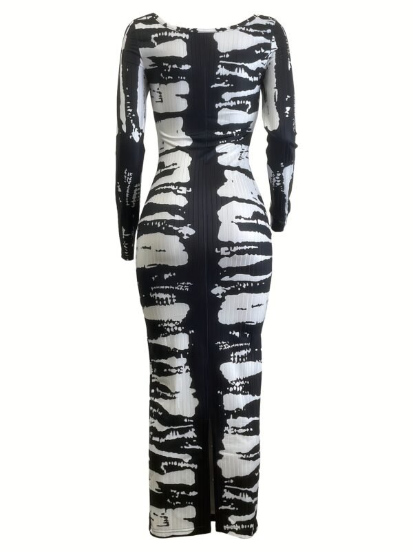 Geometric Pattern Tie Dye Square Neck Bodycon Dress - Long Sleeve, Mid Elasticity, Off the Shoulder, Split Thigh, Machine Washable, Casual Chic for Spring & Fall - Polyester Knit Fabric, All Season Wear - Image 5