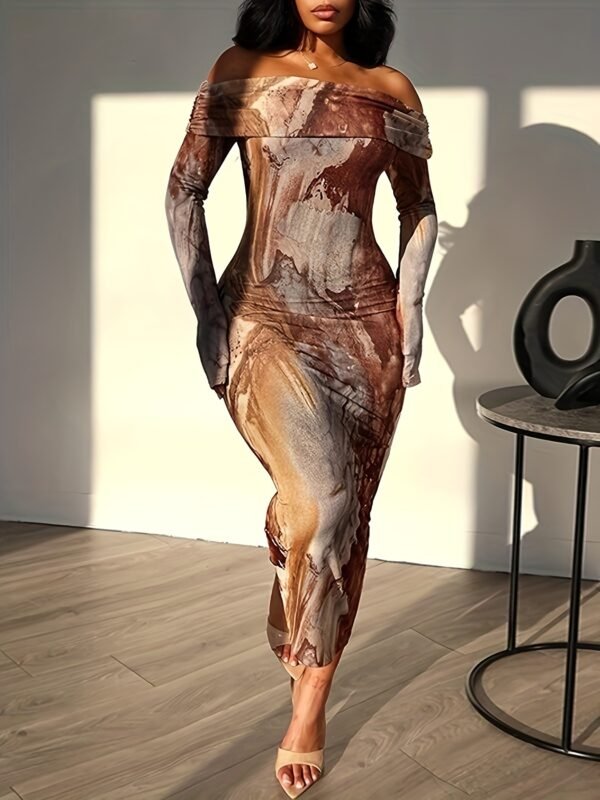 Long Sleeve Off the Shoulder Tie Dye Bodycon Dress - Elegant, Micro Elastic Polyester Fabric, Random All Over Print, Perfect for Summer Party, Wedding, Engagement, and Club Occasions - Image 4