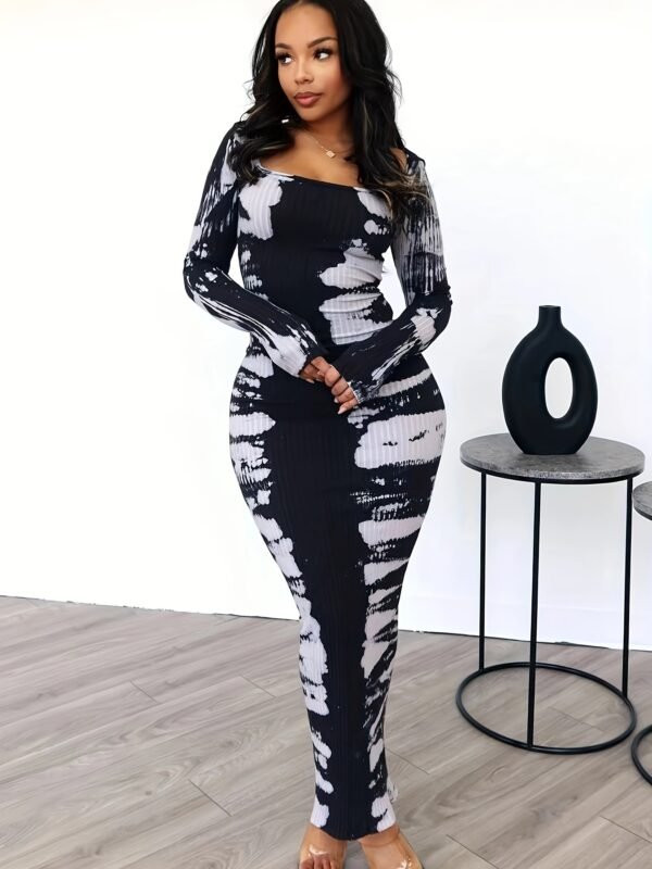Geometric Pattern Tie Dye Square Neck Bodycon Dress - Long Sleeve, Mid Elasticity, Off the Shoulder, Split Thigh, Machine Washable, Casual Chic for Spring & Fall - Polyester Knit Fabric, All Season Wear - Image 2