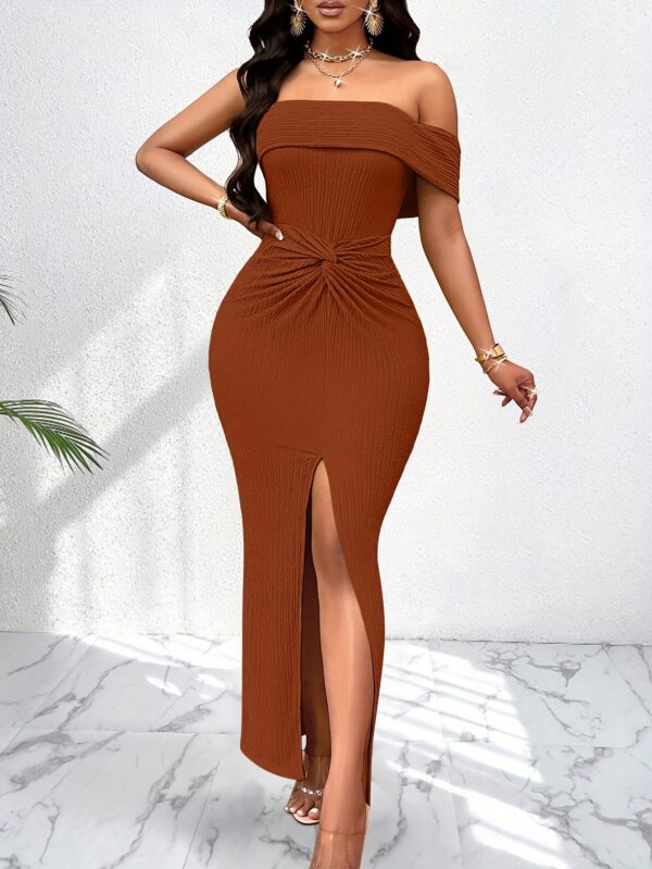 Endless Fashion Elegant Off-The-Shoulder Bodycon Dress - Knot Front, Split Hem, Solid Color, Party-Perfect, Women's Formal Clothing for Banquet and Special Occasions - High-Quality, Comfortable, and Flattering Fit - Image 2