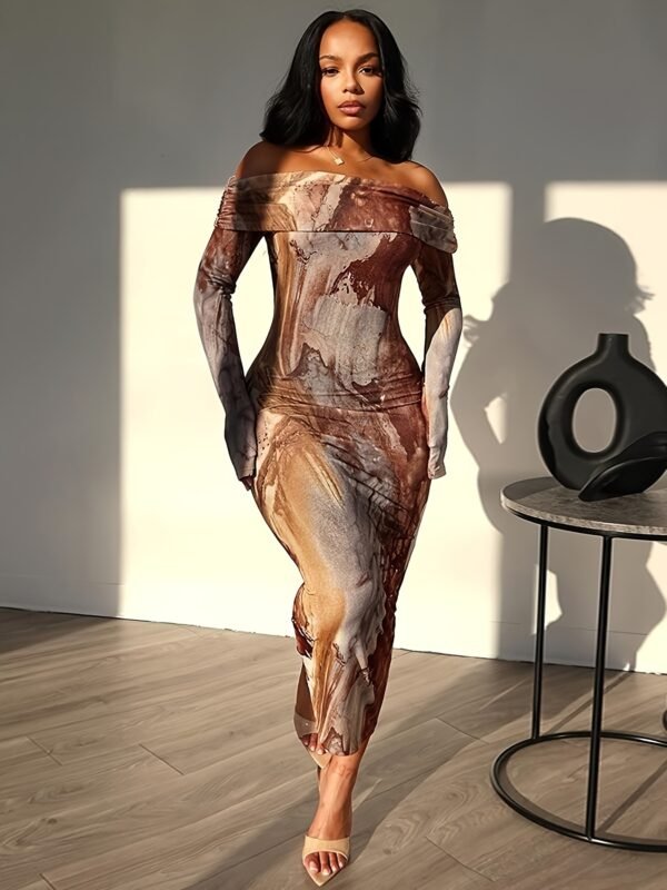 Long Sleeve Off the Shoulder Tie Dye Bodycon Dress - Elegant, Micro Elastic Polyester Fabric, Random All Over Print, Perfect for Summer Party, Wedding, Engagement, and Club Occasions - Image 2