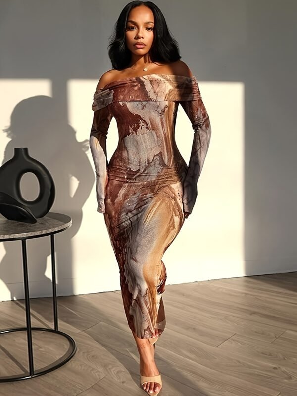 Long Sleeve Off the Shoulder Tie Dye Bodycon Dress - Elegant, Micro Elastic Polyester Fabric, Random All Over Print, Perfect for Summer Party, Wedding, Engagement, and Club Occasions